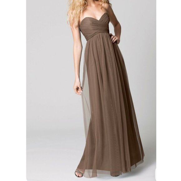 Amsale Womens Brown Strapless Ruched Bodice Chiffon Formal Gown Size 8 - Picture 1 of 8